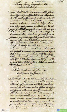 Ofício da Assembleia enviado a Joze Joaquim Carneiro de Campos.