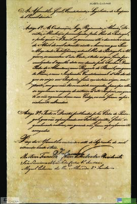 Ofício do M. do Império à Assembléia, com Autógrafo do Decreto da Assembléia, de 28.09.1823, assi...