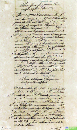 Ofício da Assembleia enviado a Miguel Joaquim de Serqueira Silva.