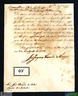 Ofício do M. do Império à Assembléia, despacho em 26.08.1823, com anexo